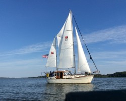 Genesis NC33 flying its 4 self-tending spar sails:  main/mizzen/club footed staysail/half wishbone mule